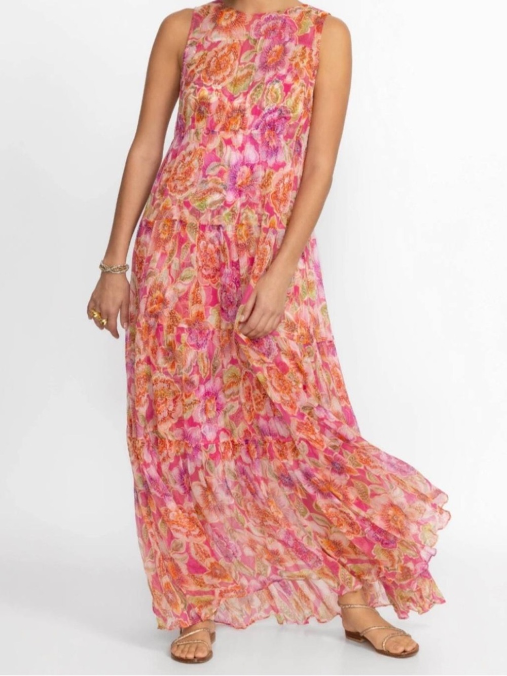 Johnny Was Pink Floral Tiered Maxi Dress